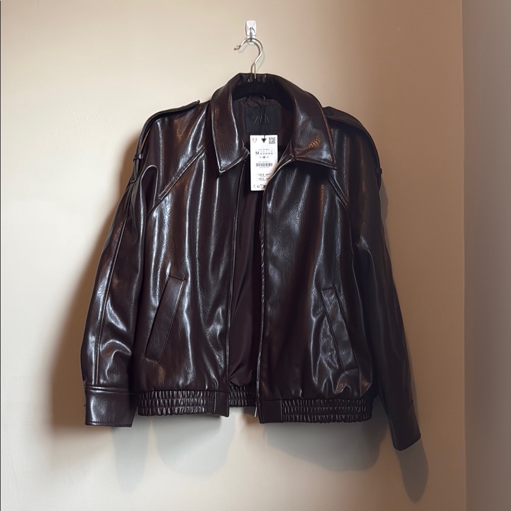 Zara Brown Leather Motorcycle Jacket Size Medium Current Season NWT
